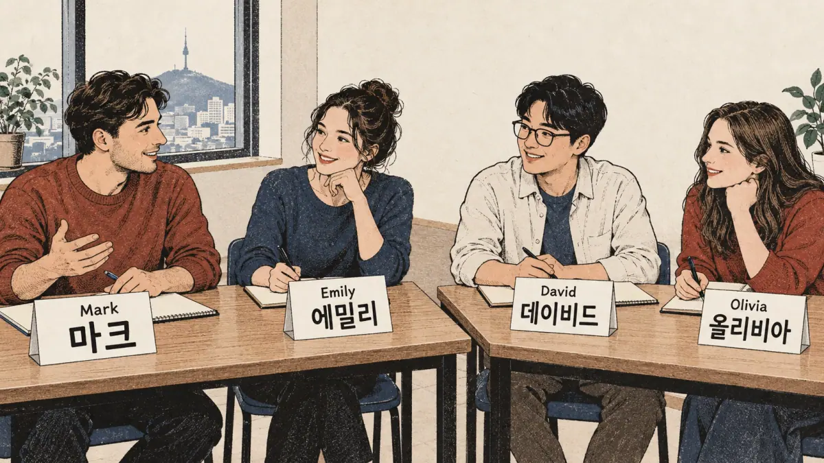 Four study-group name cards show Mark 마크, Emily 에밀리, David 데이비드 and Olivia 올리비아.