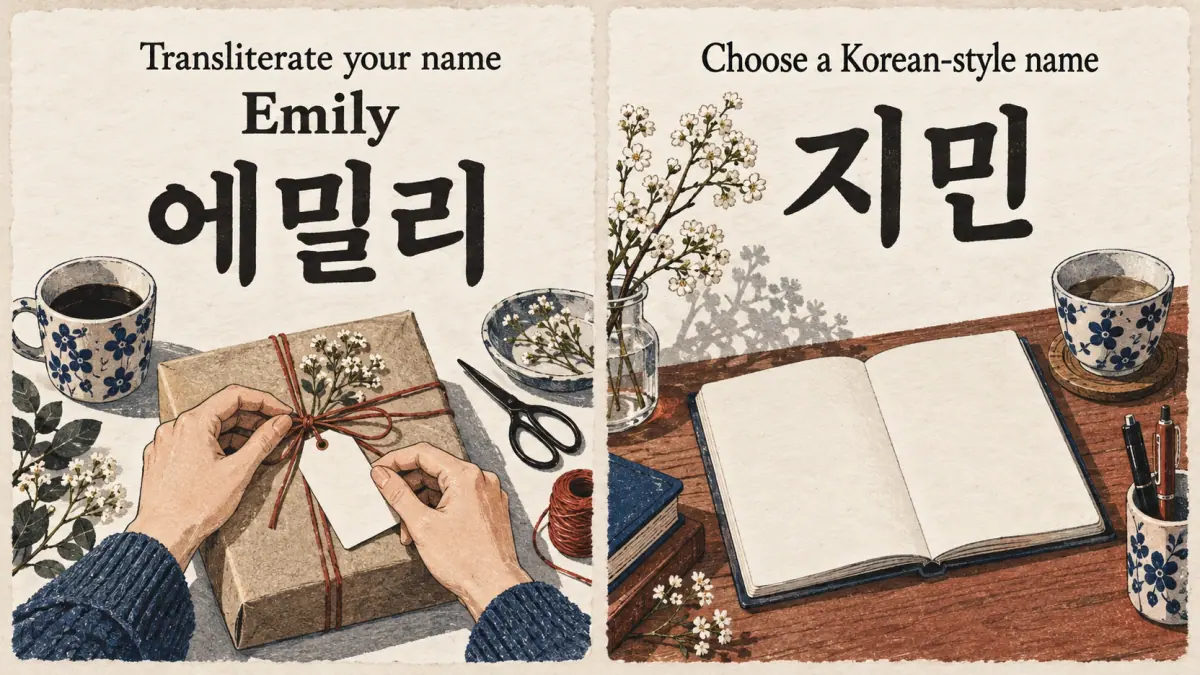 Cards distinguish transliterating Emily as 에밀리 from choosing a Korean-style name such as 지민.