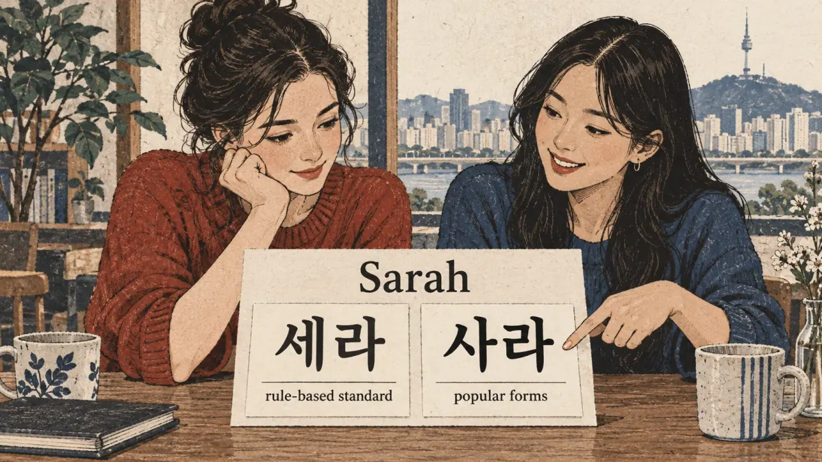 Two cards show Sarah as 세라 under the rule-based standard and 사라 among popular forms.