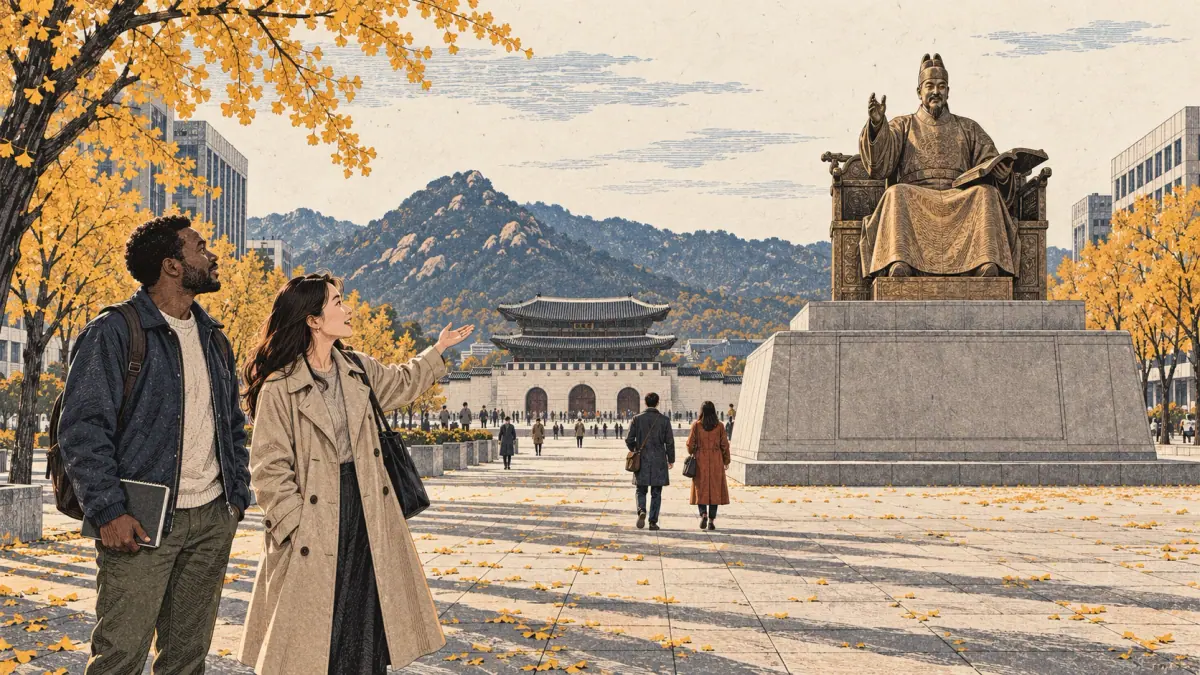 Adult visitors enjoy an autumn Hangul Day outing beside the King Sejong statue in Gwanghwamun Square, Seoul.