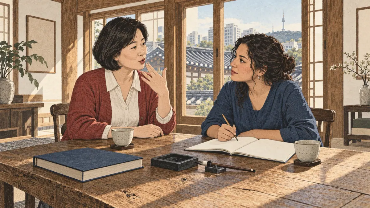 Una profesora coreana y una estudiante adulta exploran el diseño del hangul en una mesa de madera de una sala de estudio en Seúl.