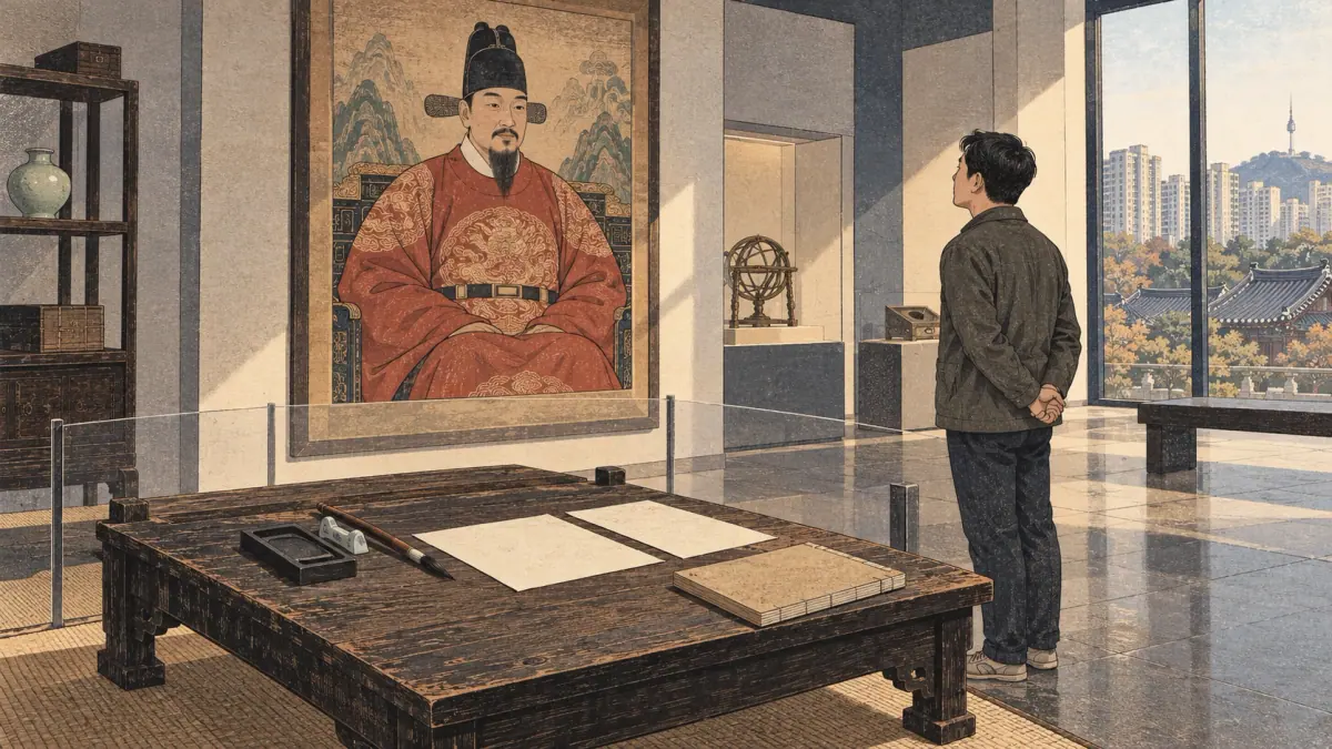 A museum visitor studies a portrait of King Sejong beside a reconstructed Joseon scholar’s desk in Seoul.