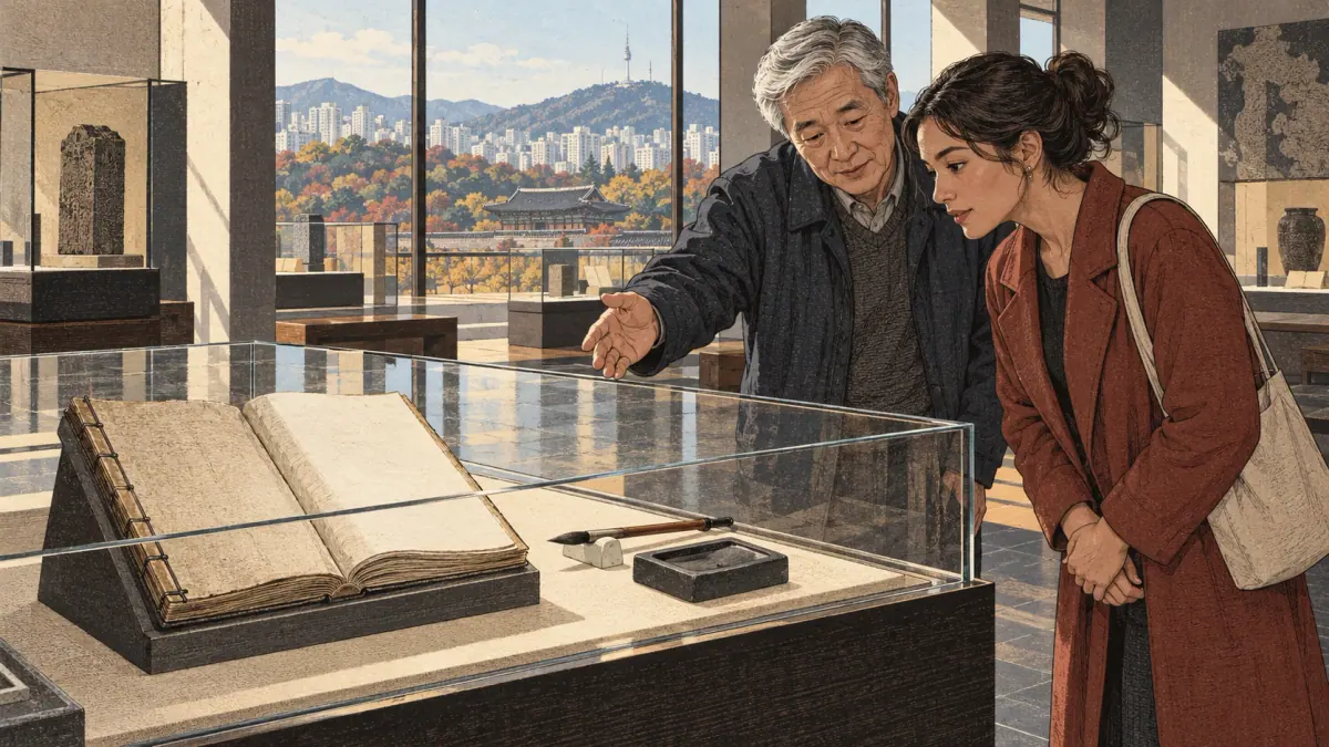 Two visitors study an old Korean bound volume in a contemporary Seoul museum.