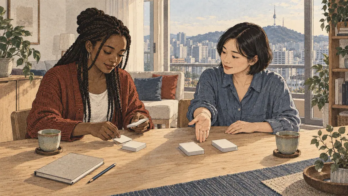 A learner and Korean tutor sort study cards into small groups at a Seoul apartment table.