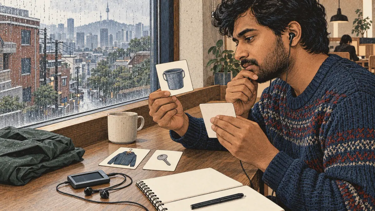 An adult learner practises recall with picture cards in a Seoul study café.