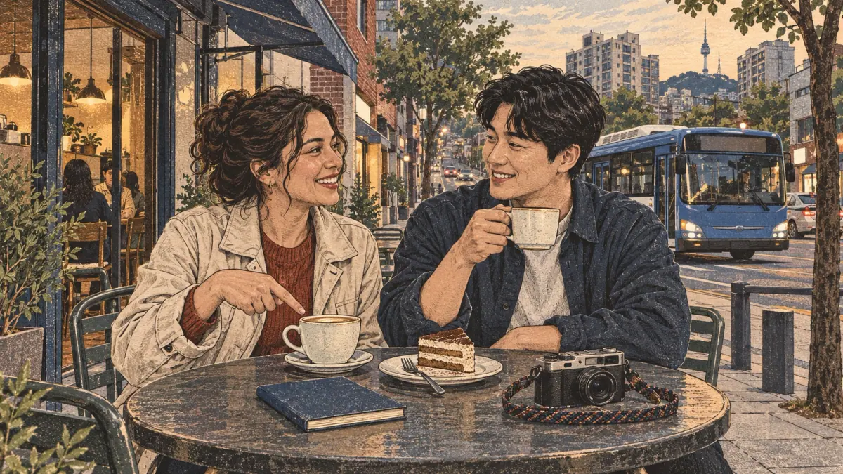 Two adult learners share coffee and cake beside a Seoul street with a passing bus.