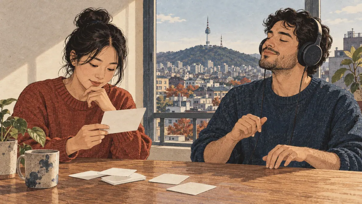 Adult learners practise reading aloud and check audio at a Seoul apartment desk.