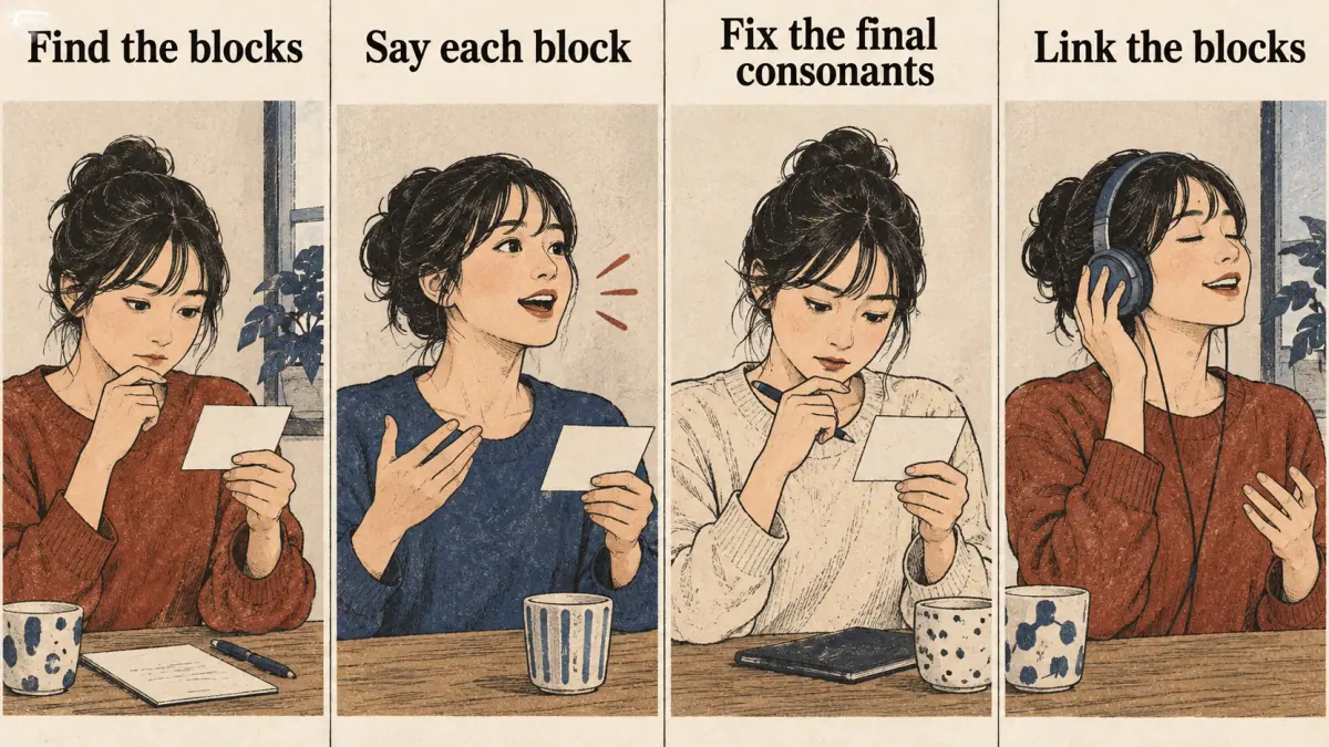Four illustrated reading actions: find, say, fix and link.