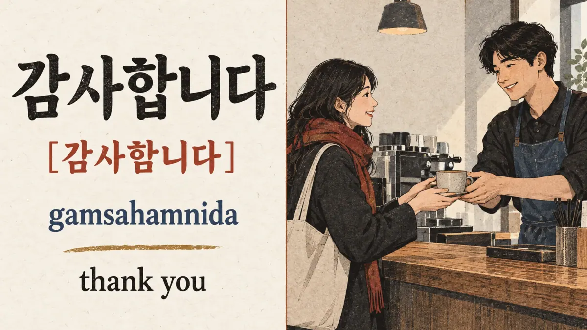 감사합니다, [감사함니다], gamsahamnida and thank you beside a café exchange.