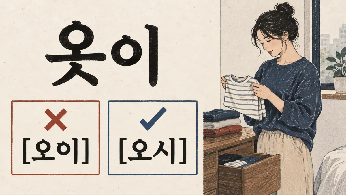 옷이 is corrected from ✗ [오이] to ✓ [오시] beside a folded shirt.