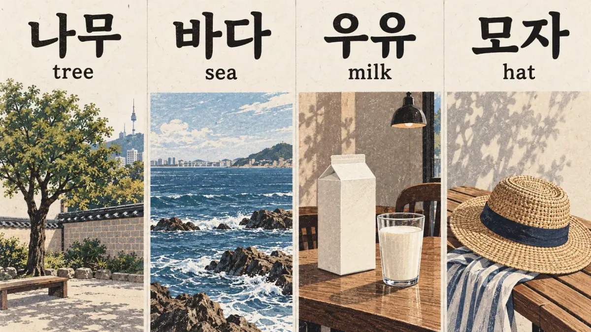 나무 tree, 바다 sea, 우유 milk and 모자 hat appear with matching illustrations.