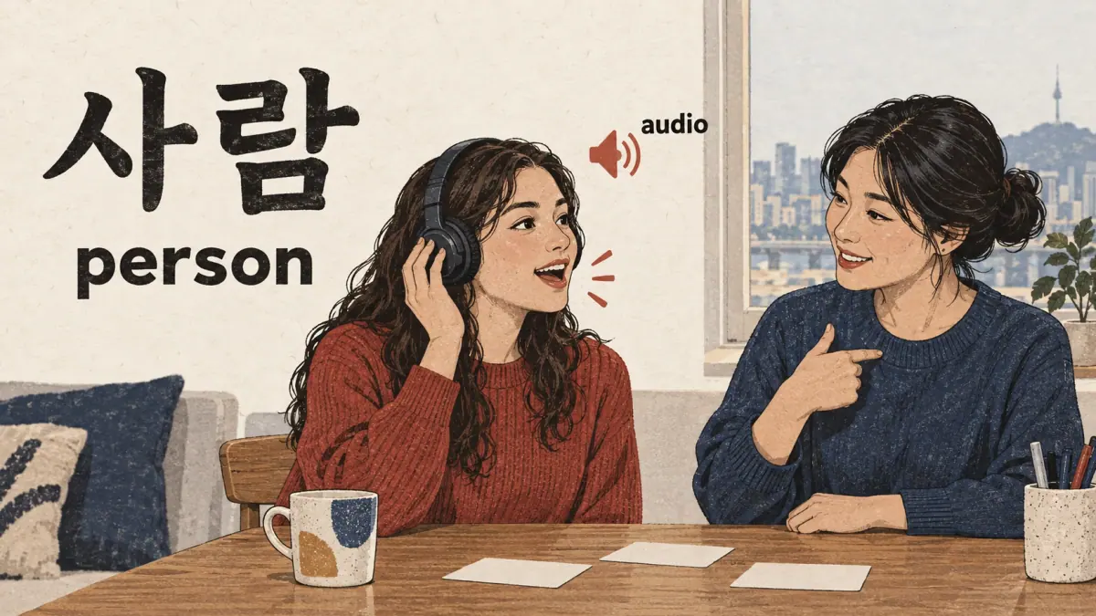 사람 person beside a learner checking spoken reading with audio.
