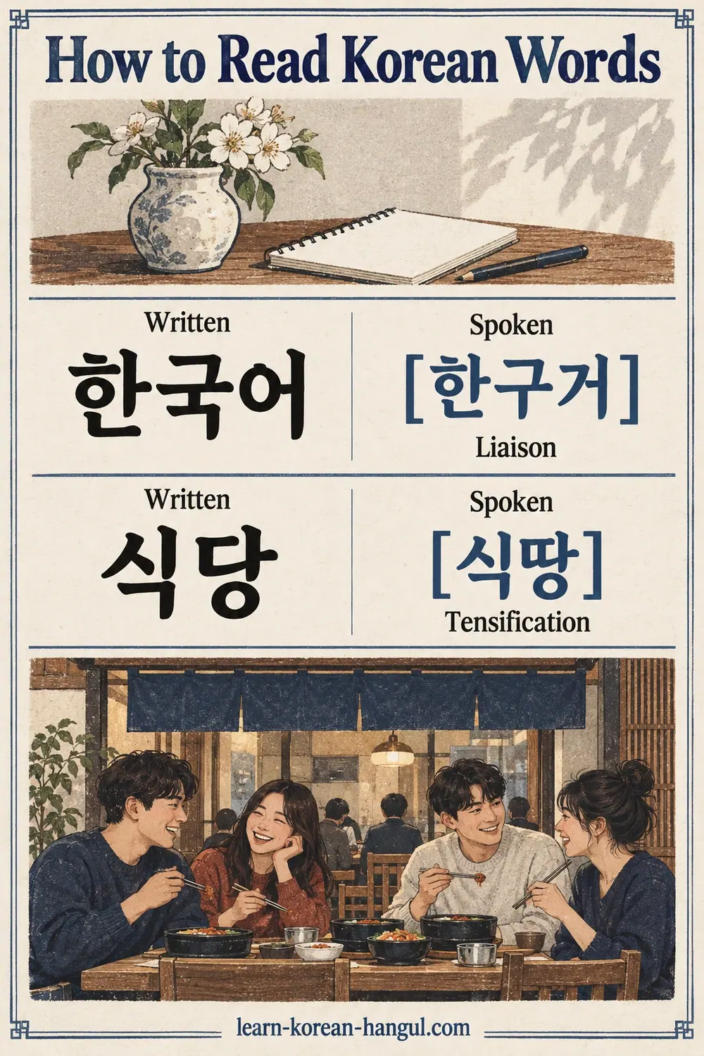한국어 [한구거] and 식당 [식땅] compare written and spoken Korean.