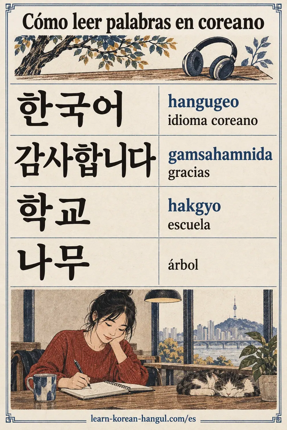 한국어 hangugeo, 감사합니다 gamsahamnida, 학교 hakgyo y 나무 con significados en español.