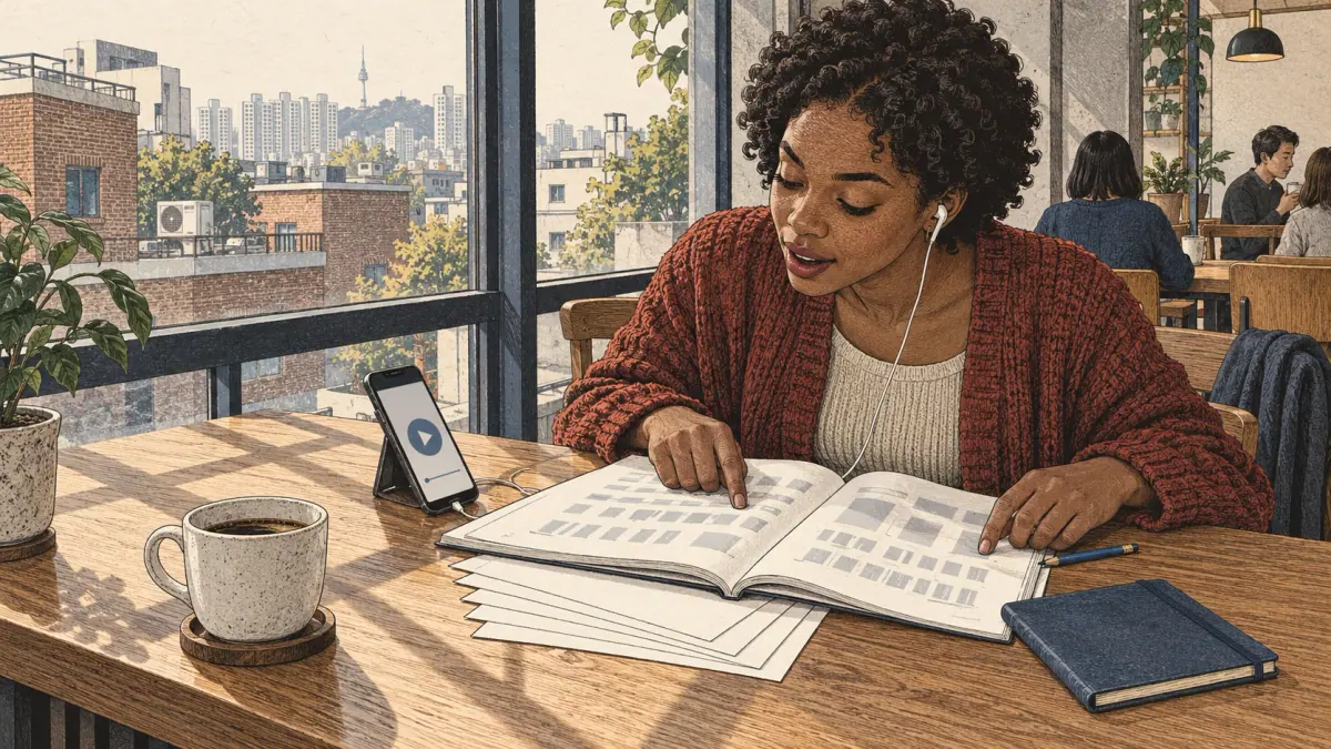 An adult learner reads aloud and checks a practice sheet with audio in a Seoul café.