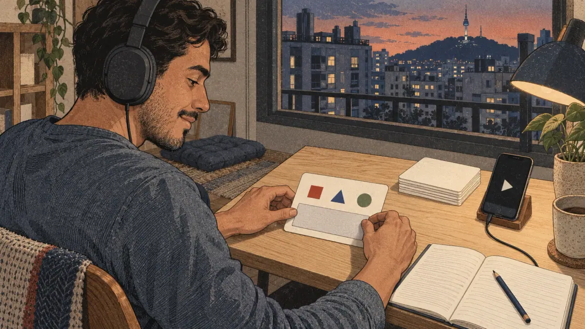 A learner covers an answer line while reading a study card and listening to audio at home in Seoul.