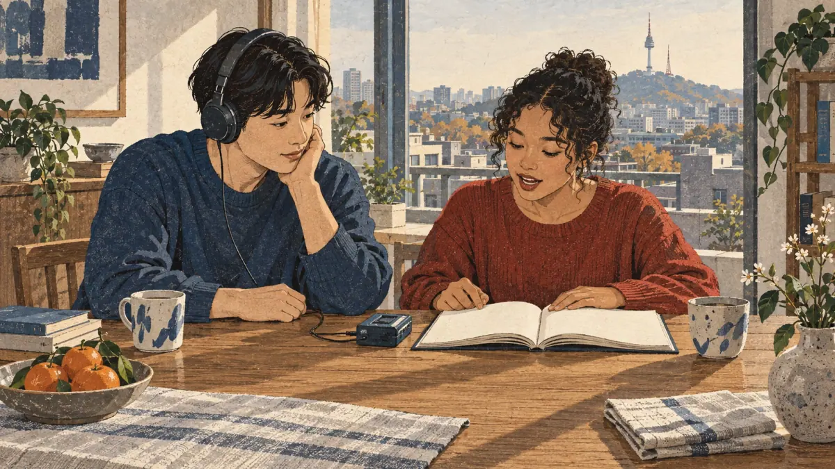 Adult learners practise reading Korean aloud and listen to audio at a Seoul apartment table.