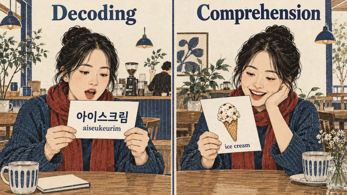 Decoding 아이스크림 (aiseukeurim) turns writing into sound; comprehension connects it with ice cream.