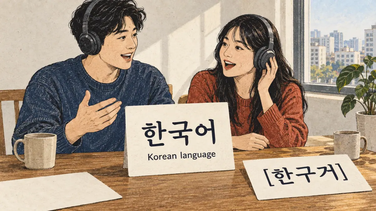 A learner reads 한국어 and checks its spoken form [한구거] using audio.