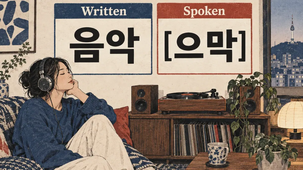 Audio equipment accompanies written 음악 and its spoken form [으막], an example of liaison.