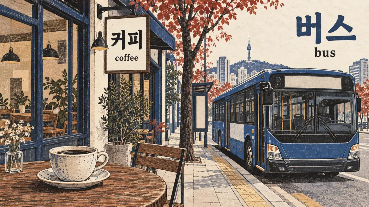 A coffee cup labelled 커피 and a Seoul bus labelled 버스 show familiar English loanwords in Hangul.