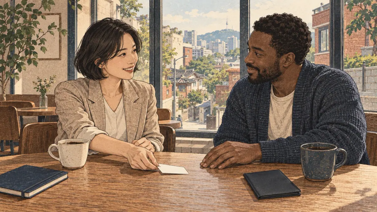A Korean professional shares a personal name card with an international colleague in a Seoul café.