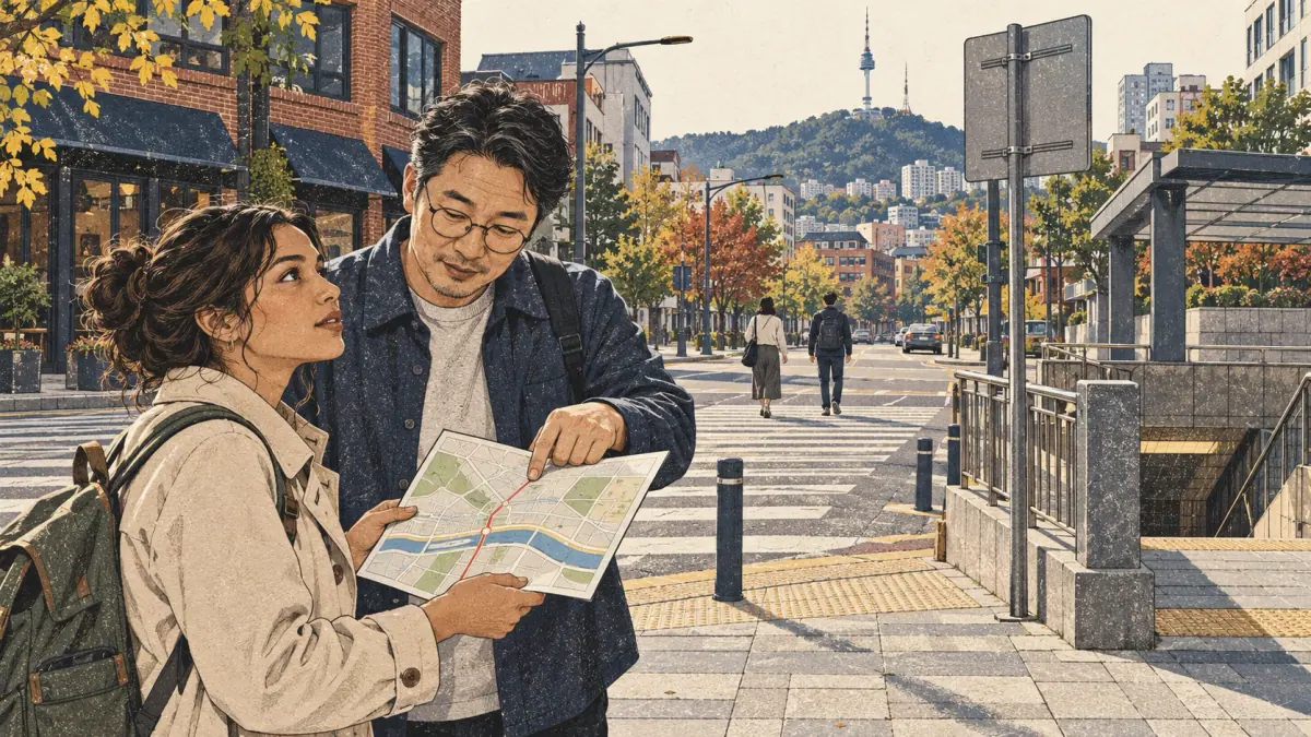 A learner and Korean tutor compare a route map with a Seoul street intersection.