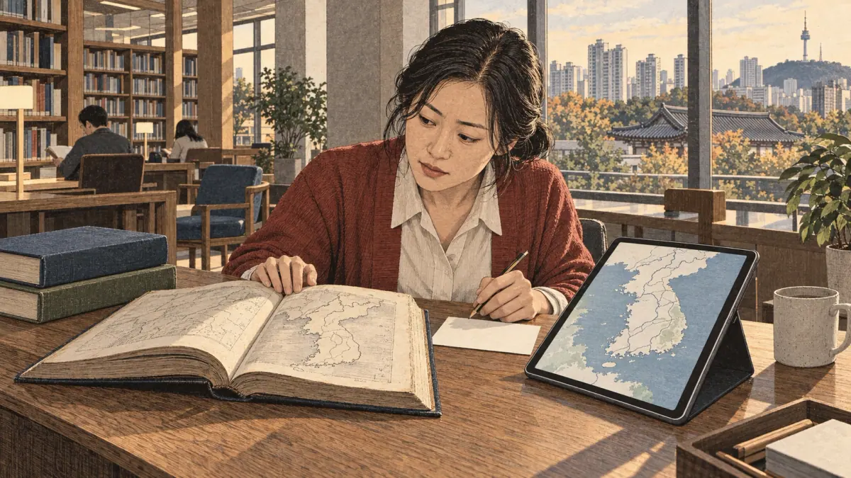 A researcher compares an older Korean reference book with a modern digital map in a Seoul library.