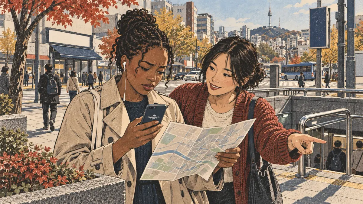 A learner compares a paper map with phone audio while a Korean friend helps her navigate Seoul.