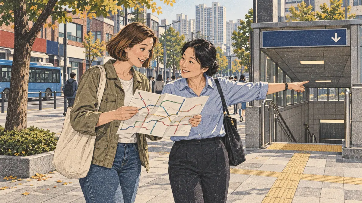 A traveller and a Korean friend compare a folded map with directions outside a Seoul subway entrance.