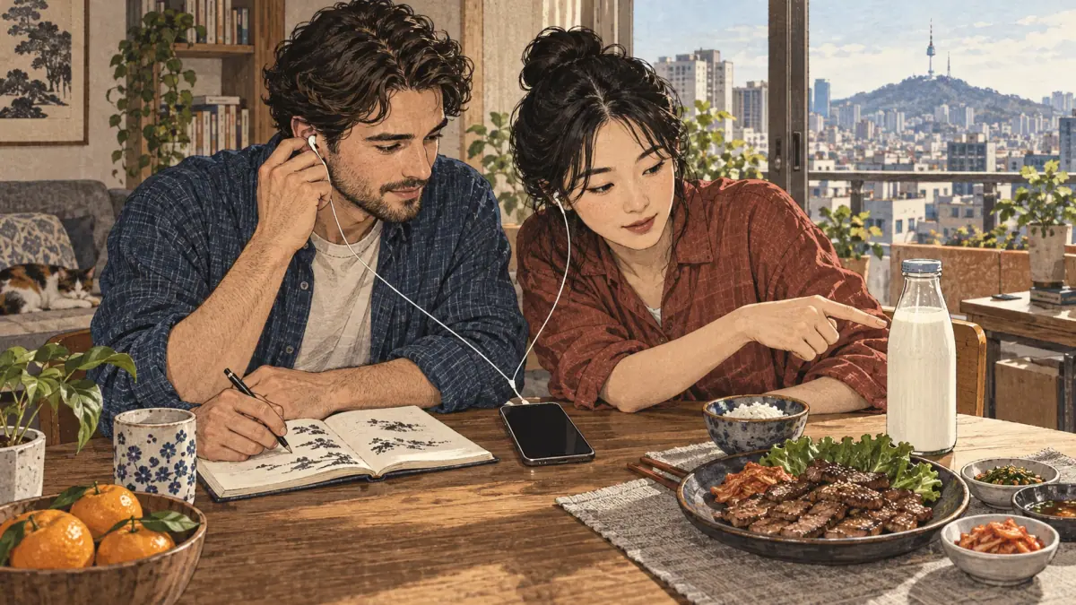 Adult learners practise Korean reading with audio beside milk and a plate of grilled meat.