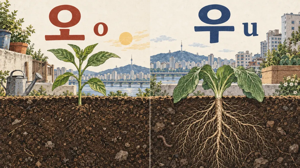 오 (o) above an upward-growing plant and 우 (u) above downward-growing roots.