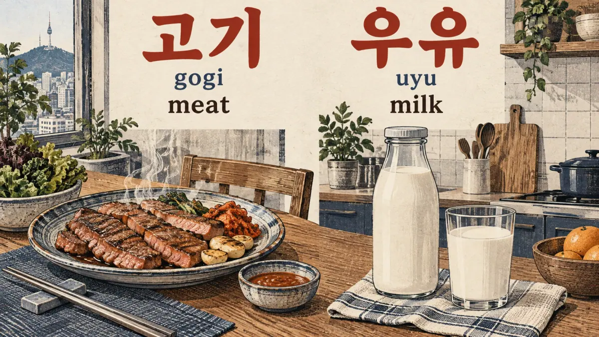 고기 (gogi), meat, beside a grilled-meat plate; 우유 (uyu), milk, beside a glass bottle.
