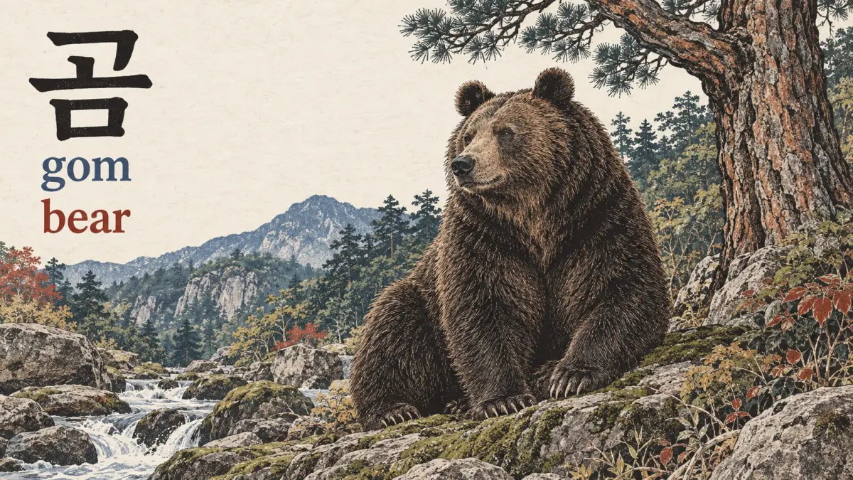 곰 (gom), bear, with a natural bear beside a wooded stream.