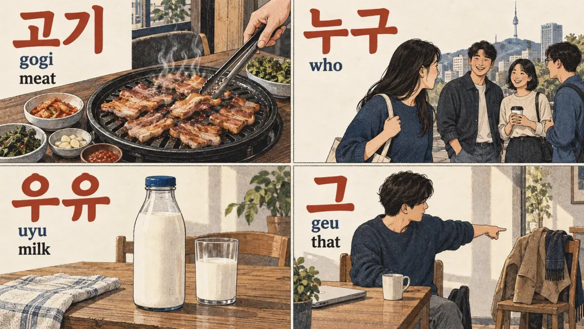Practice words 고기 (gogi), 누구, 우유 (uyu), 그 (geu) label meat, a person, milk and an indicated coat.