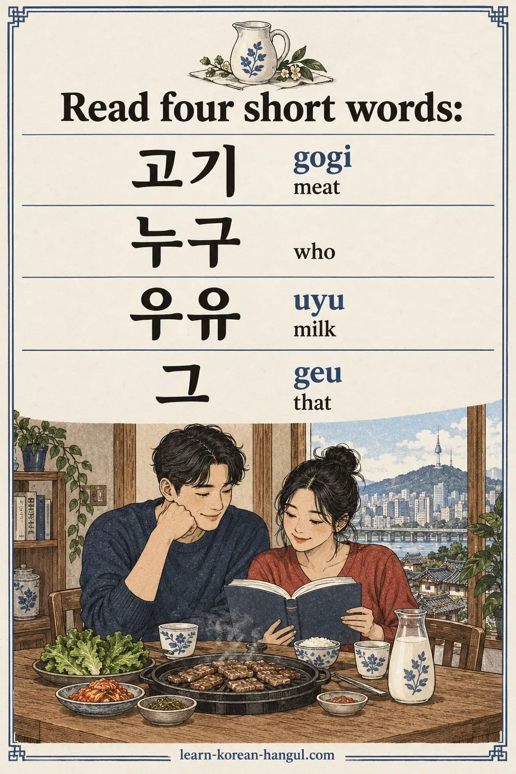 고기 (gogi), 누구, 우유 (uyu), 그 (geu) in four rows with meat, who, milk and that.