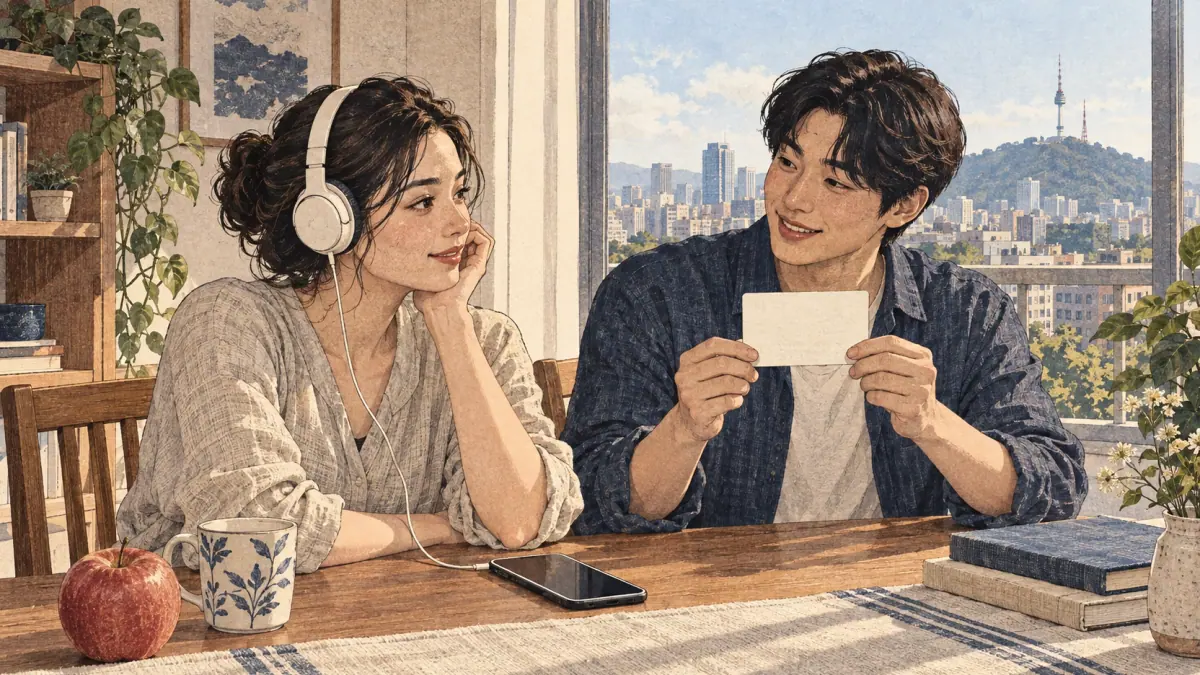 An adult learner listens to Korean audio with a friend at a sunlit Seoul apartment table.