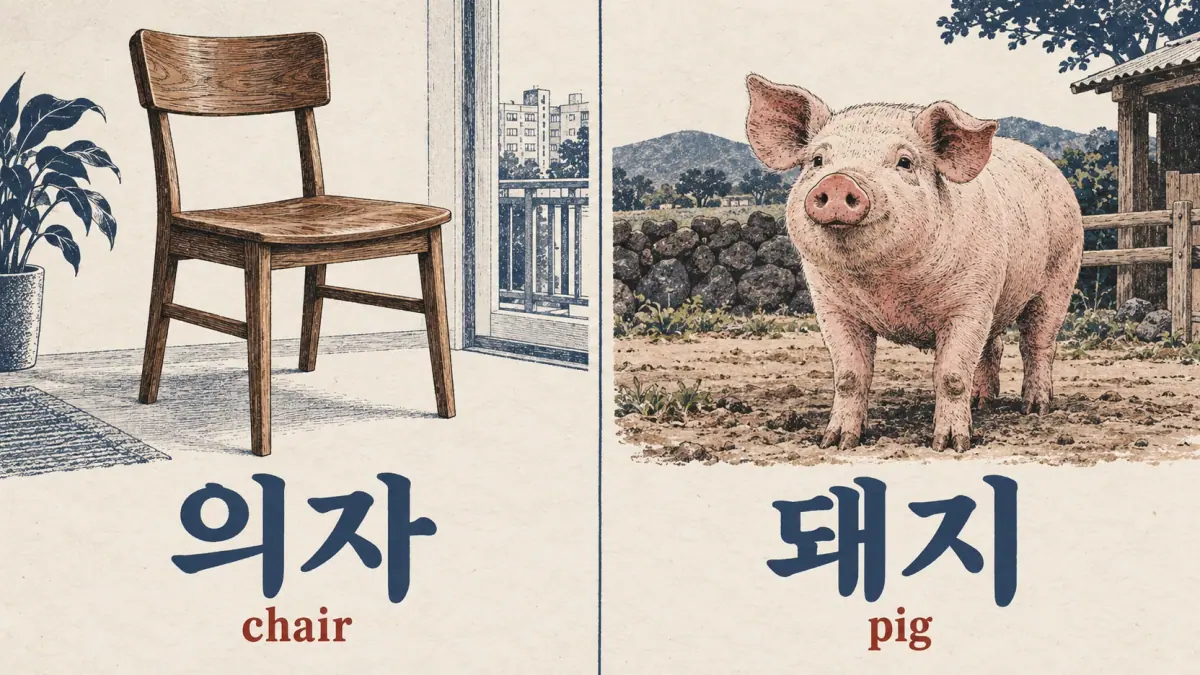 A chair labelled 의자 (chair) and a pig labelled 돼지 (pig).