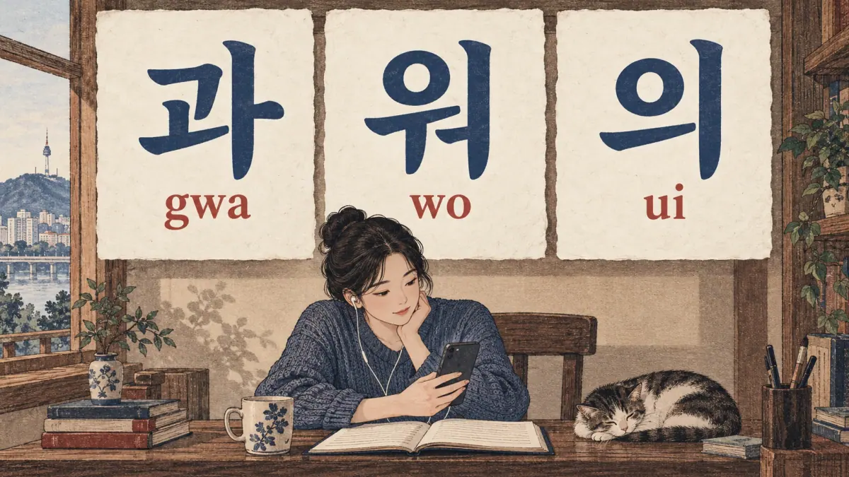Three whole reading examples: 과 (gwa), 워 (wo), 의 (ui), above an audio study scene.