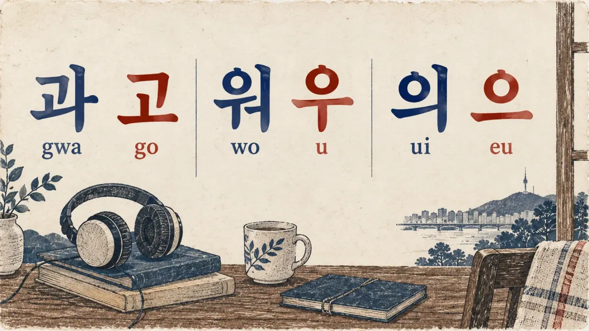 Reading contrasts: 과 (gwa)/고 (go), 워 (wo)/우 (u), and 의 (ui)/으 (eu).