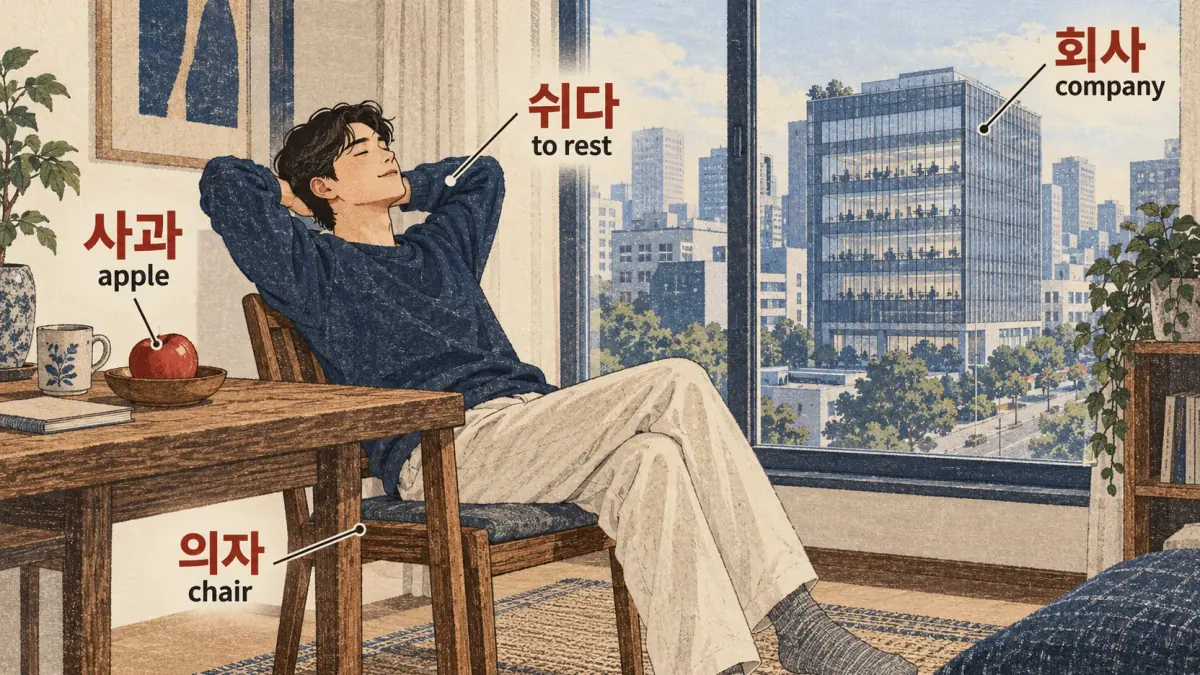 사과 (apple), 의자 (chair), 쉬다 (to rest), 회사 (company) label a Seoul everyday scene.