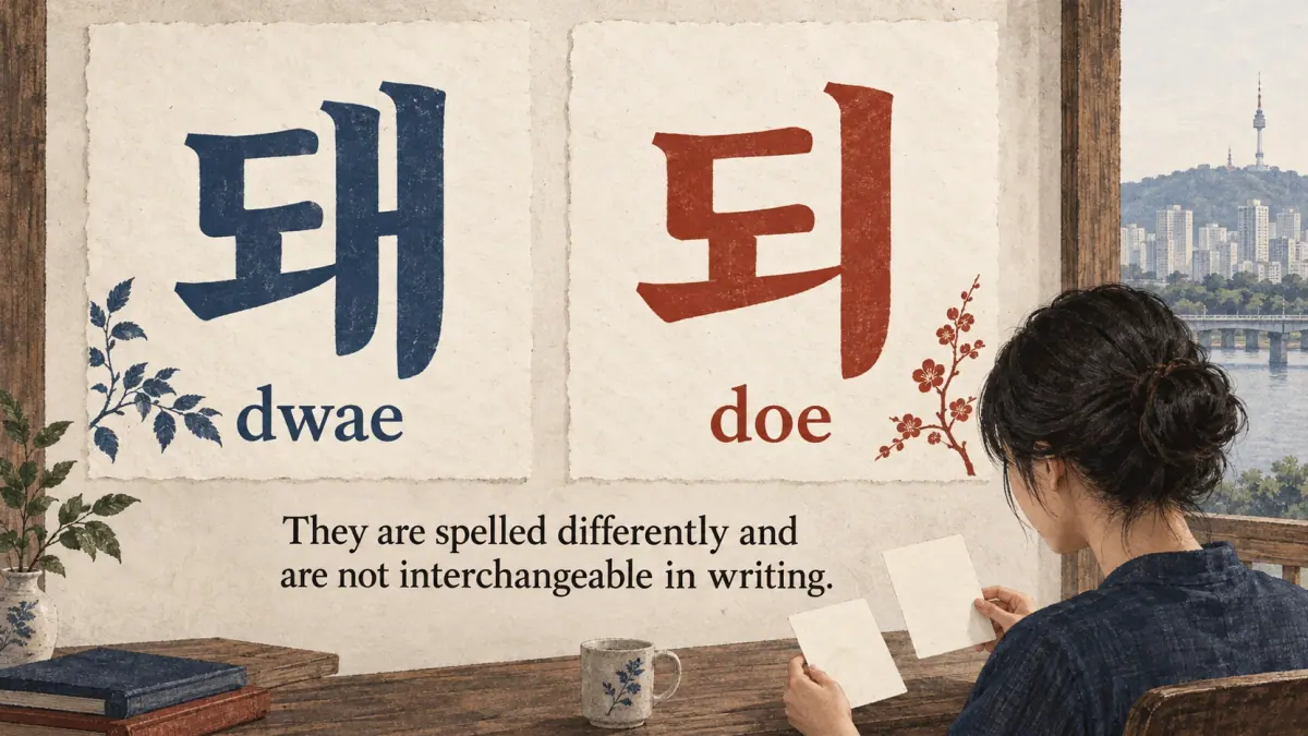 Two separate spellings, 돼 (dwae) and 되 (doe), with a reminder that writing cannot interchange them.
