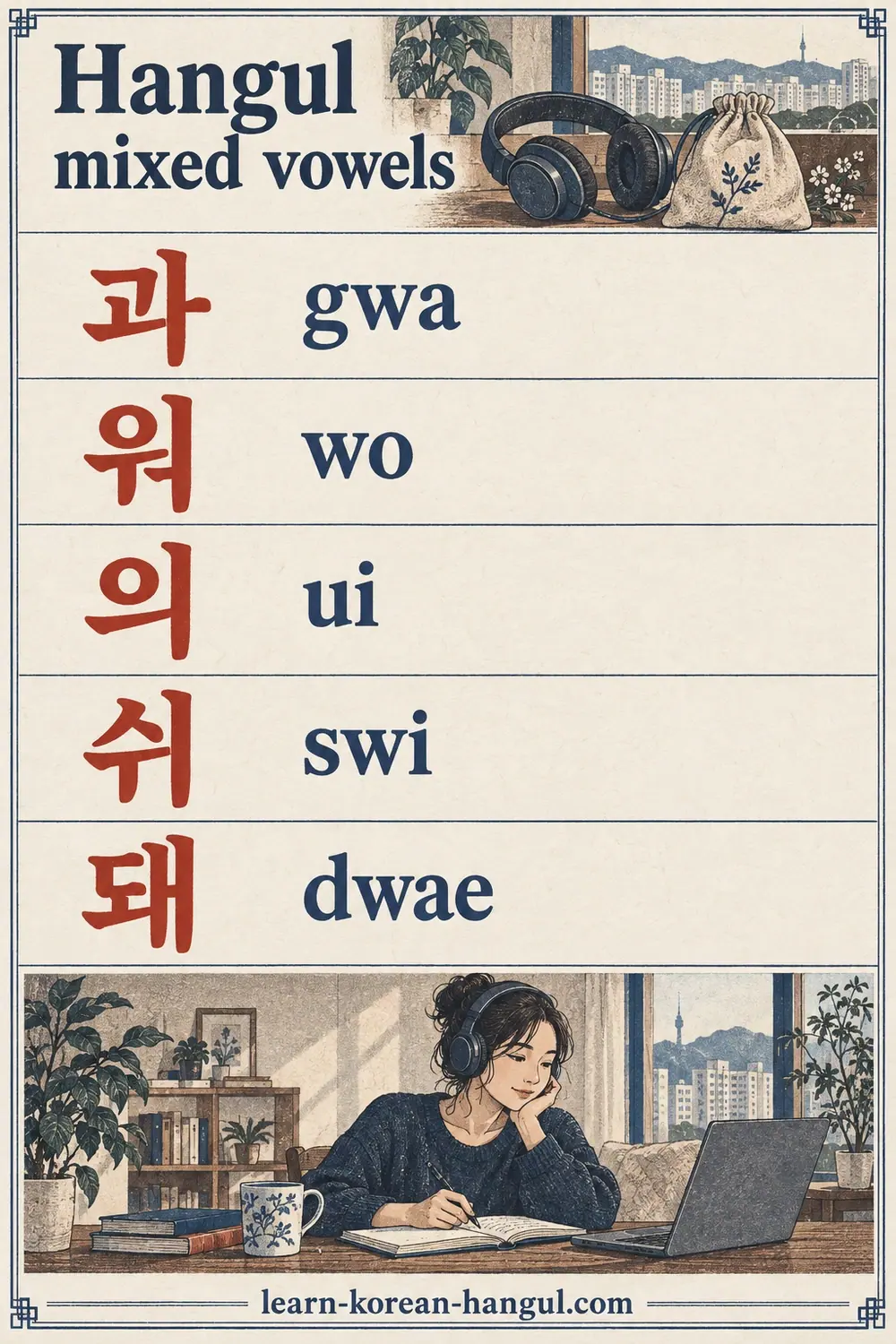 Reading sheet with 과 (gwa), 워 (wo), 의 (ui), 쉬 (swi) and 돼 (dwae).