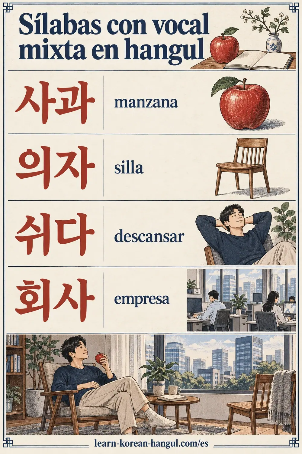 사과 (manzana), 의자 (silla), 쉬다 (descansar) y 회사 (empresa) con ilustraciones de la vida diaria.