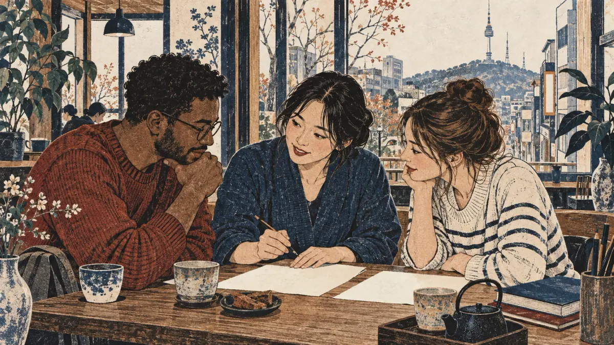 Adult learners and a Korean tutor study together at a wooden table in a Seoul café.
