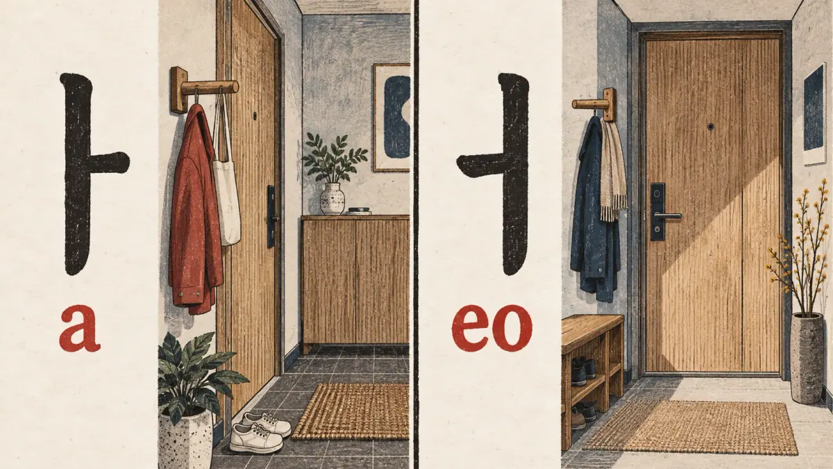 Tall ㅏ (a) and ㅓ (eo) show their contrasting short strokes beside two illustrated doorways.