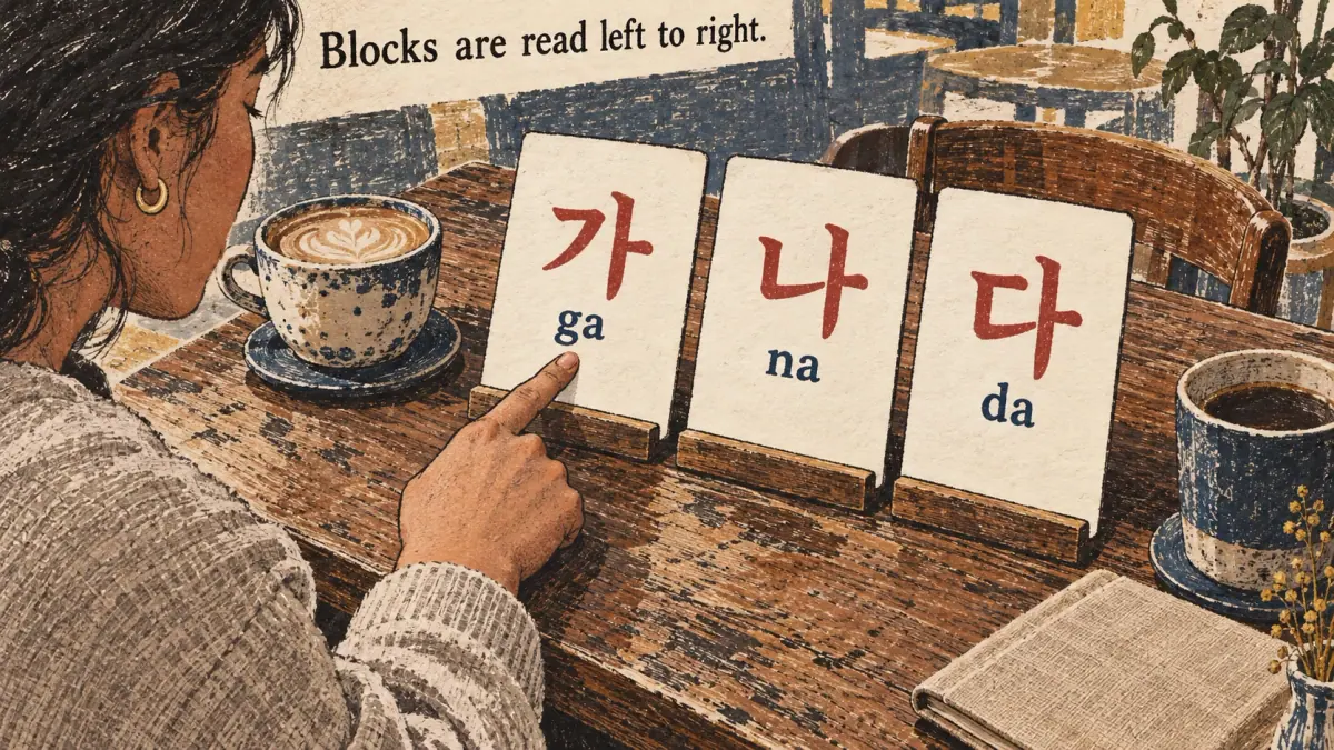A learner reads 가 (ga), 나 (na), 다 (da) in order across three large cards on a café table.