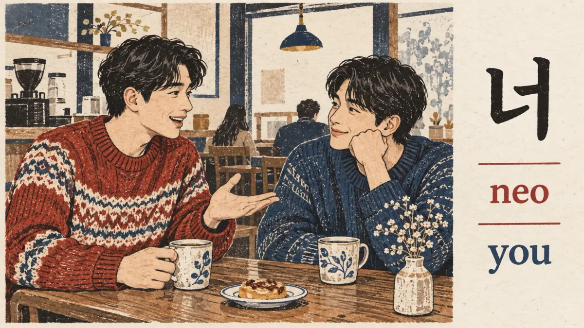 Two adult friends talk in a Seoul café beside the casual word 너 (neo), meaning you.