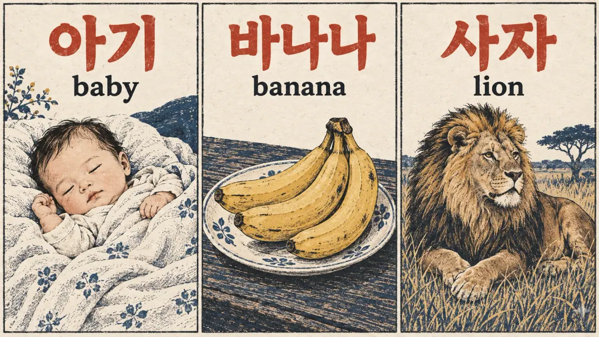 Illustrated baby, bananas and lion labelled 아기, 바나나 and 사자 for reading practice.