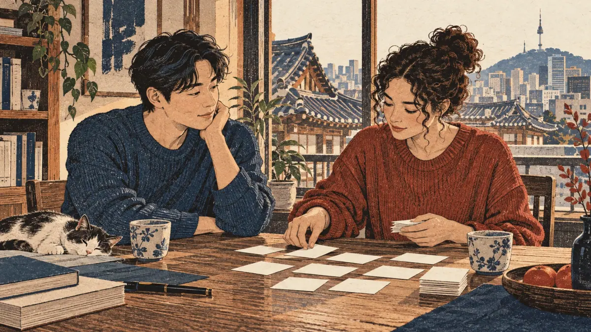 Two adult learners arrange blank study cards at a Seoul apartment table overlooking hanok roofs and Namsan Tower.
